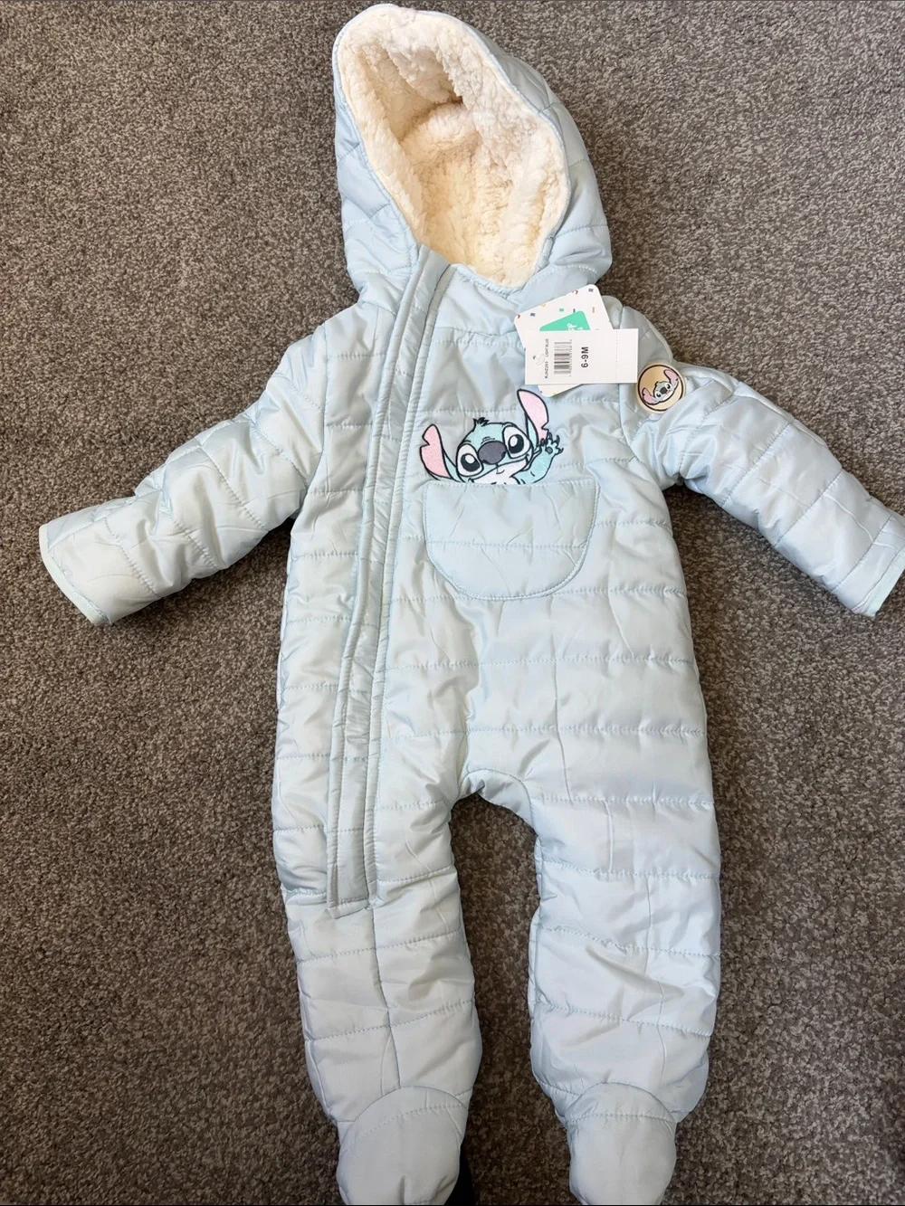 Disney Light Blue Stitch Quilted Fleece-Lined Baby One-Piece